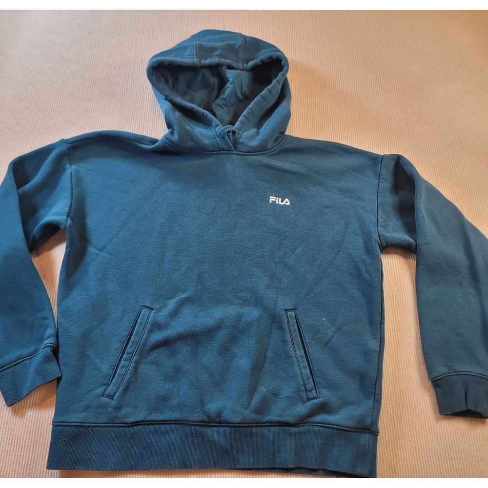 Y2K Fila womens sweatshirt Fleece hoodie Teal Large distressed miscolored